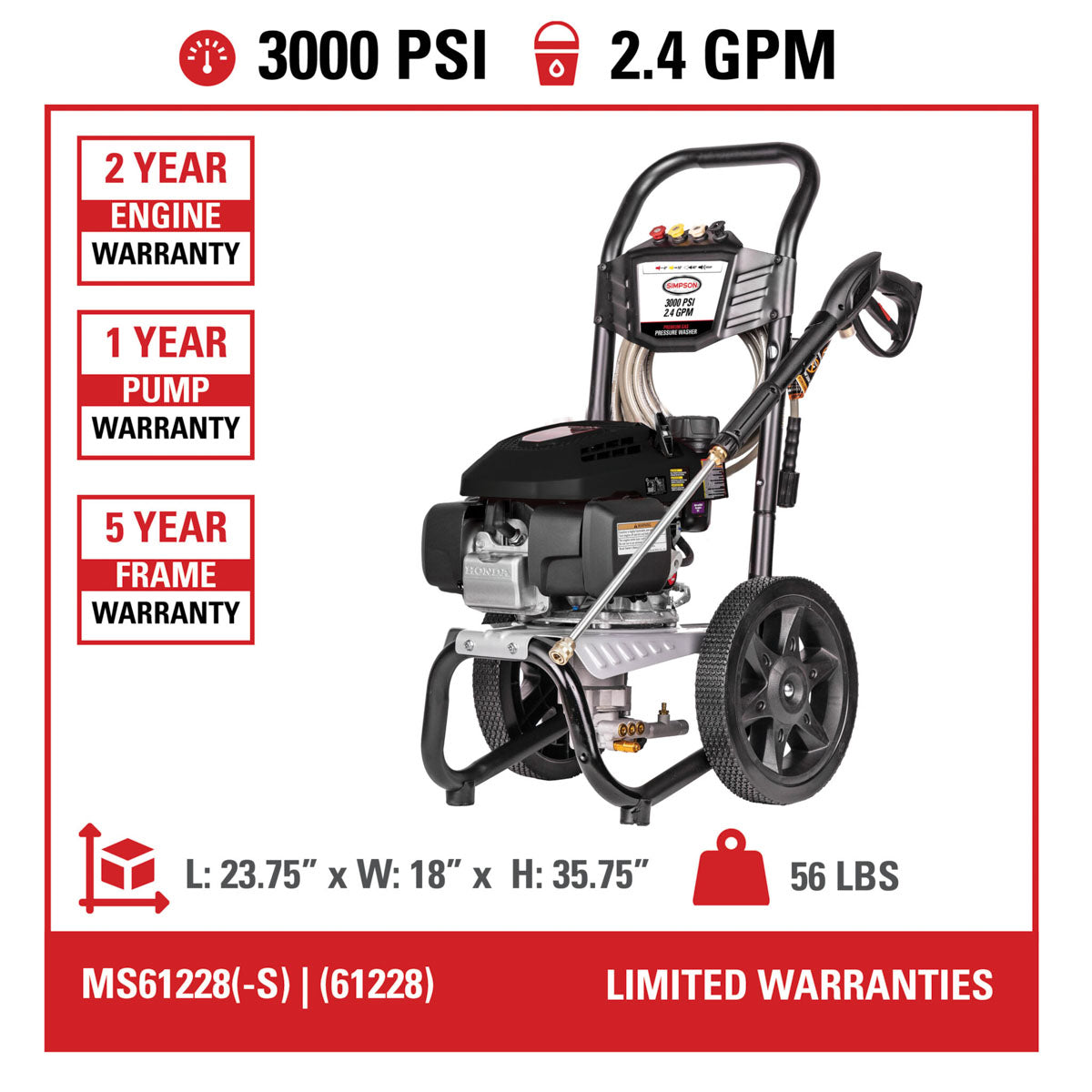 Simpson MS61228 MegaShot Pressure Washer 3000 PSI w/ Honda GCV170 Engine